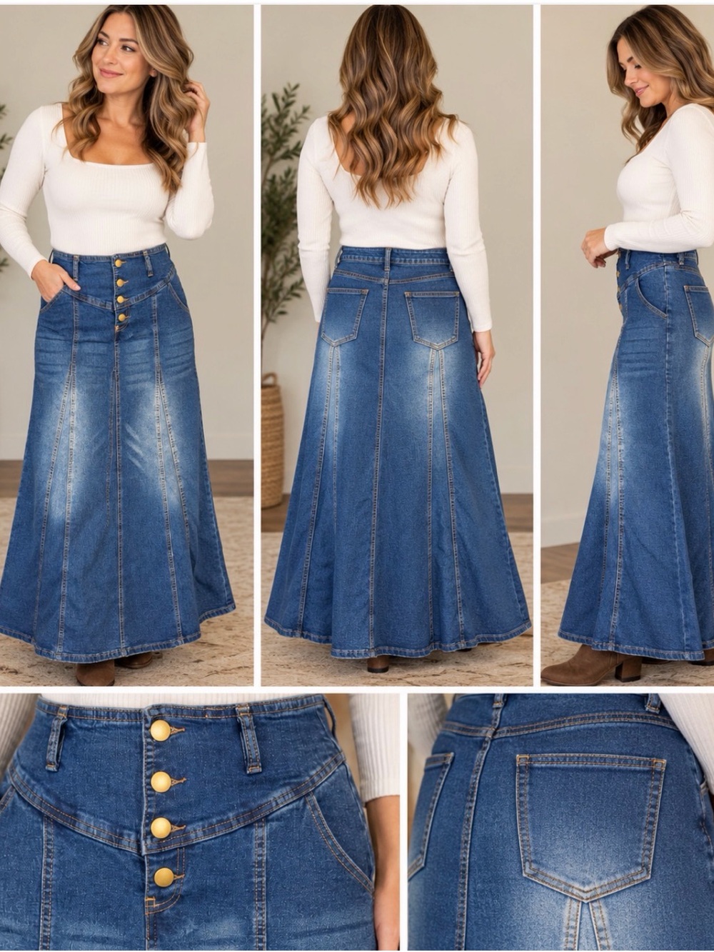 Denim Maxi Skirt Size M Paneled A-Line 4 Button Long Jean Skirt
